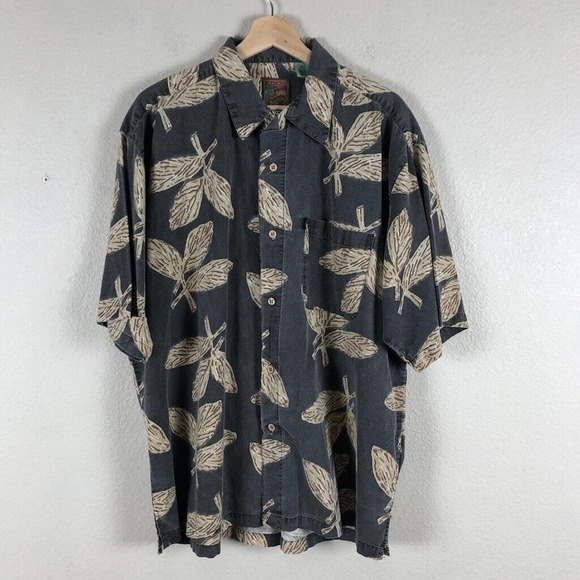 PINEAPPLE Connection Shirt Gray Leaf Print Button Up Short Sleeve Size Large - Picture 13 of 14